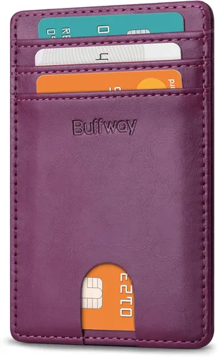 Miniatura 94 de Buffway Billetera delgada para hombre, minimalista con bolsillo frontal delgado, tarjetero de cuero con bloqueo RFID para viajes de trabajo