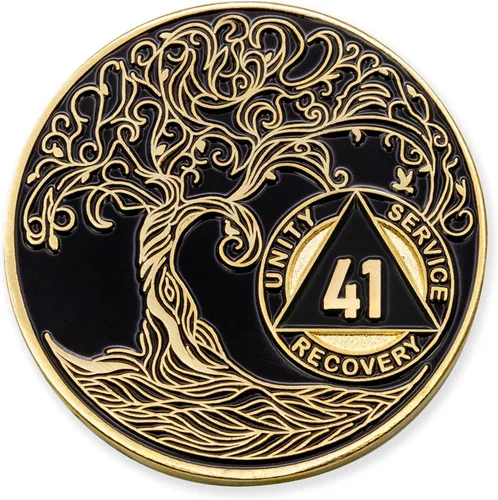 Miniatura 169 de 20 Year Sobriety Mint Twisted Tree of Life - Medallón de recuperación AA chapado en oro, fichas y fichas, color negro
