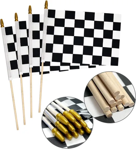 Miniatura 9 de 2 banderas a cuadros de 8 x 12 pulgadas, banderas de carreras en blanco y negro en palo, bandera de mano de Fórmula Uno F1 Racing con parte superior