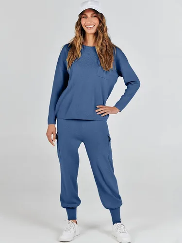 Miniatura 9 de Caracilia Conjuntos de dos piezas para mujer, conjuntos de suéter de manga larga, tops de punto a juego, pantalones deportivos tipo cargo a juego