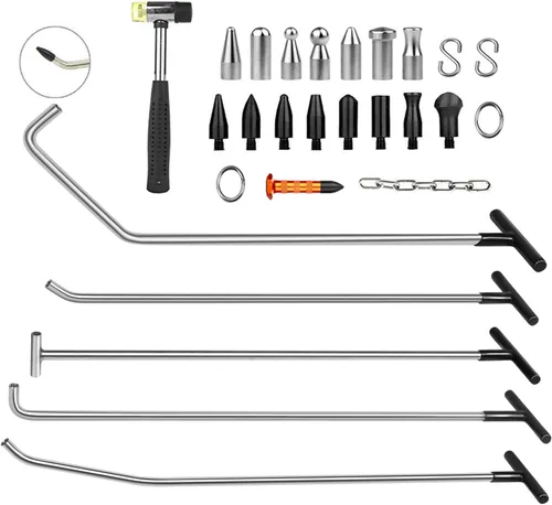 LadyRosian Herramientas de varillas de reparación de abolladuras, 27 piezas, kits de reparación de abolladuras sin pintura con cabeza cónica de