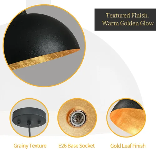 Miniatura 7 de Lámpara colgante de cúpula negra y dorada, lámpara de araña industrial de cúpula grande de 20 pulgadas con interior de hoja de oro para comedor