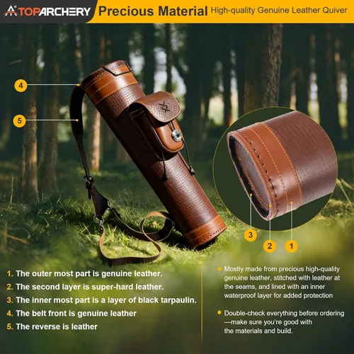 Miniatura 6 de TOPARCHERY - Aljaba Tradicional para Hombro y Espalda de Cuero con Bolso Grande, Correas Hechas a Mano, Marrón