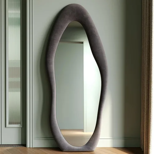 Miniatura 2 de Honyee - Espejo de cuerpo completo de 63 x 24 pulgadas, espejo de pared, marco de madera envuelto en franela, espejo de cuerpo completo ondulado Gris