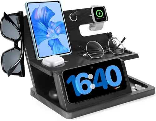 Regalos para hombres Estación de carga 3 en 1 Compatible con estación de carga iPhone 16, organizador de mesa de noche de madera, perfecto para el