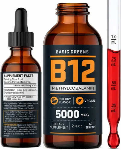 Vitamina B12 - Gotas líquidas de 5000 mcg, fórmula líquida B12 sublingual de metilcobalamina, suplemento B-12 vegano sabor cereza para mujeres y
