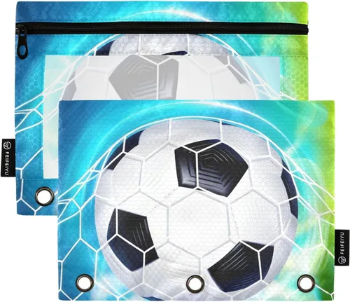 Estuche para lápices de fútbol de fútbol en campo para carpeta de 3 anillas, paquete de 2 bolsas impermeables para lápices, estuche transparente con
