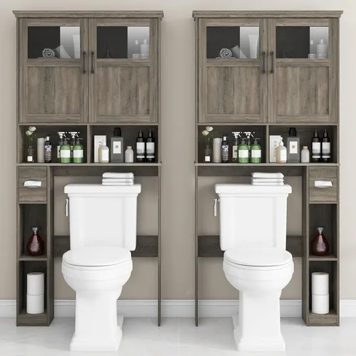 Miniatura 5 de Vabches Armario de almacenamiento sobre el inodoro con puertas dobles, soporte para papel higiénico y estante ajustable, ahorro de espacio Gris