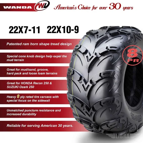 Miniatura 2 de WANDA Neumáticos ATV Premium de 8 capas 22x7-11 22x10-9 para lodo compatibles con Honda Recon 250 Suzuki Ozark 250