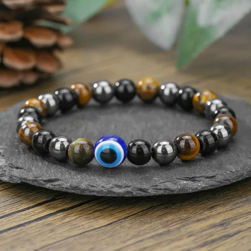 Miniatura 9 de Pulsera de triple protección con cuentas de ojo de tigre, obsidiana negra y hematita para hombres y mujeres, cuentas de piedras naturales y cristal