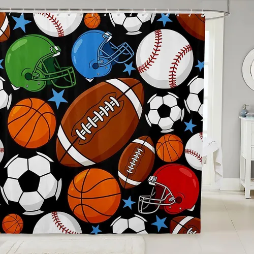 Feelyou Cortina de ducha de fútbol para decoración de baño, básquetbol, deportes, cortina de baño, accesorios de baño, béisbol negro, tela de