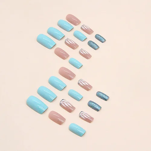 Miniatura 3 de Uñas postizas cortas cuadradas con forma de ataúd, cobertura completa, reutilizables, con pegamento, uñas adhesivas con diseños de hojas blancas