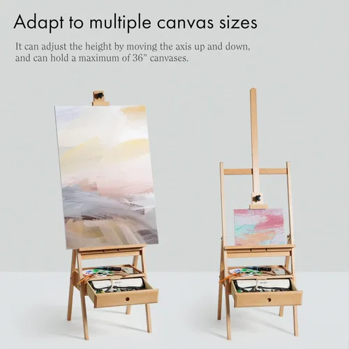 Miniatura 5 de ARTIFY Caballete de estudio grande de madera con marco en H con cajón de almacenamiento y estante para artistas, soporte de lona de madera de haya