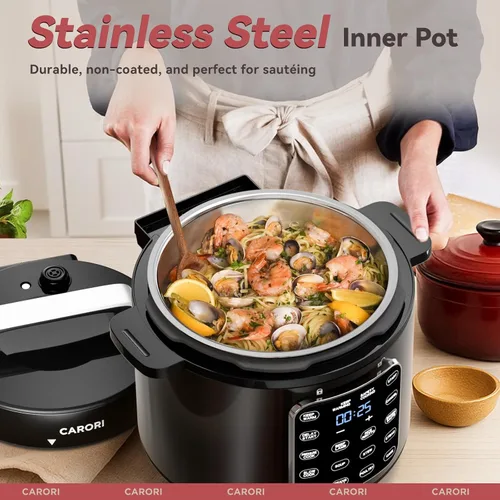 Miniatura 5 de CARORI Olla a presión eléctrica 9 en 1 de 6 cuartos, olla interior de acero inoxidable, cocina multifunción programable de 12 con diseño
