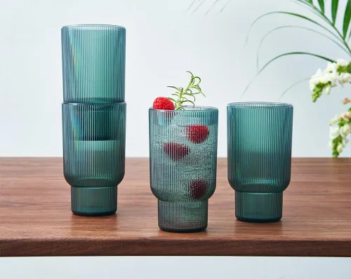 Miniatura 9 de Juego de 4 vasos altos de acrílico inastillables, estilo europeo, aptos para lavavajillas, acanalados, juego de 4, tritán estriado, plástico Naranja