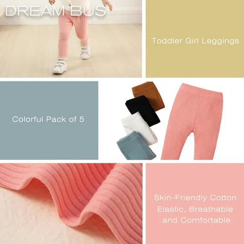 Miniatura 4 de DREAM BUS Paquete de 5 pantalones de bebé para niña, pantalones acanalados con volantes acampanados, leggings para bebé, pantalones acampanados