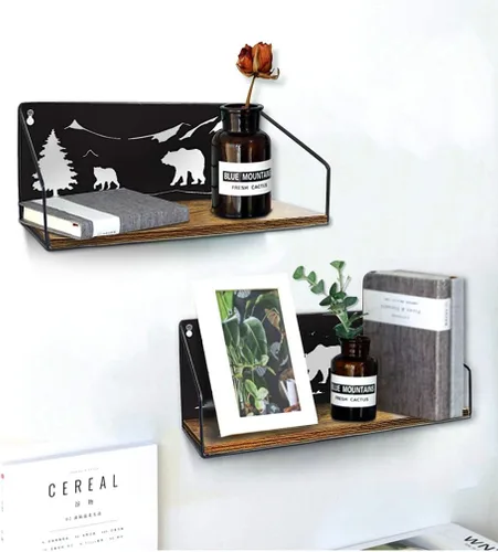 Miniatura 2 de Giftgarden Estantes flotantes para pared con adorables recortes de osos únicos, estante de pared rústico de madera y hierro con decoración de osos