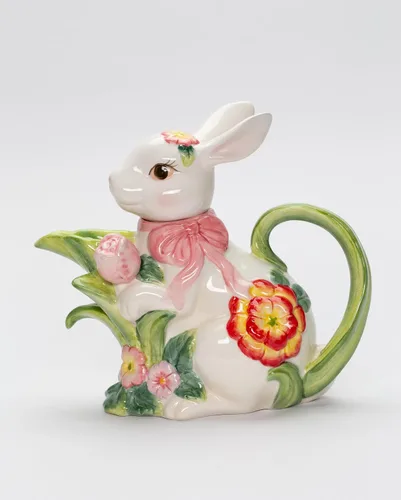 Miniatura 4 de Cosmos Gifts 10445 Tetera de conejo primaveral de cerámica fina con tulipán rosa y flores, 7-5/8" L