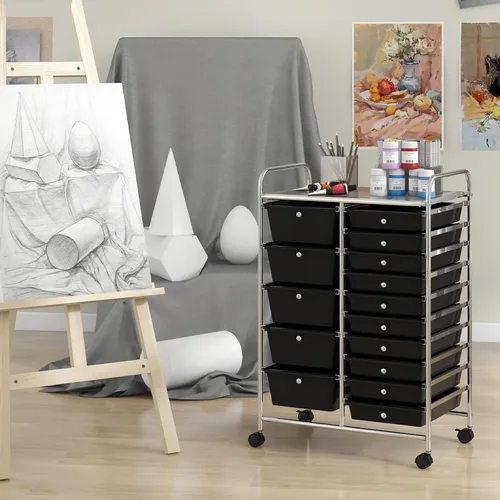 Miniatura 2 de Giantex - Carro de almacenamiento con ruedas de 15 cajones, organizador para herramientas, papelería, álbum de recortes, oficina o escuela, negro