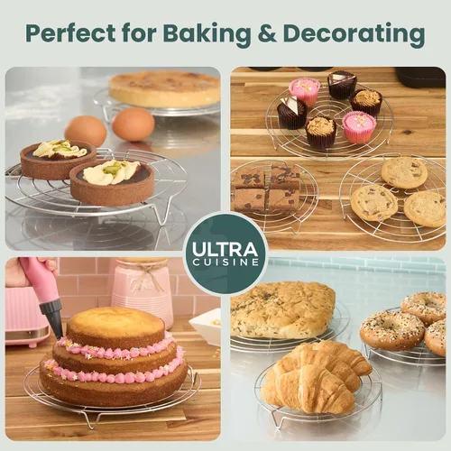 Miniatura 9 de Ultra Cuisine Juego de 3 estantes redondos de refrigeración para cocinar y hornear, aptos para horno y lavavajillas, 100% acero inoxidable