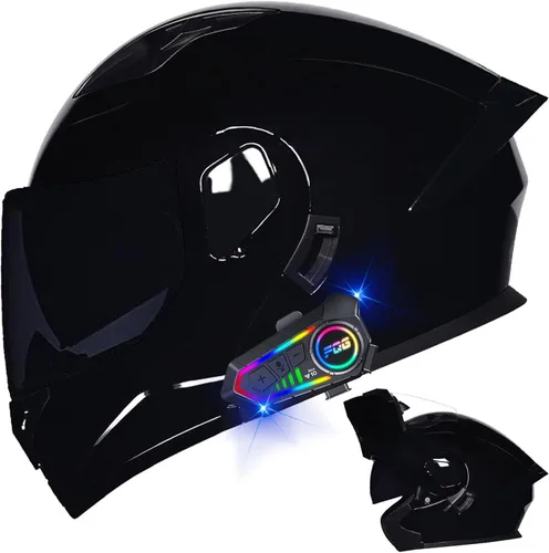Miniatura 32 de Casco modular Bluetooth para motocicleta, aprobado por DOT, de cara completa, abatible, antivaho, doble visera, casco de motocicleta de calle, LENTE