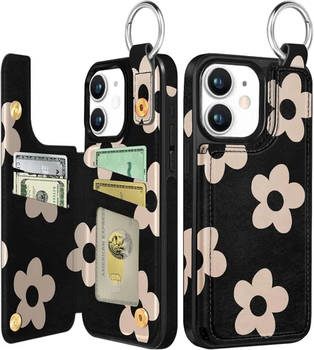 Shorogyt Funda tipo cartera compatible con iPhone 11 con portador de tarjetas – Patrón de flores negras de diseñador con soporte plegable cierre