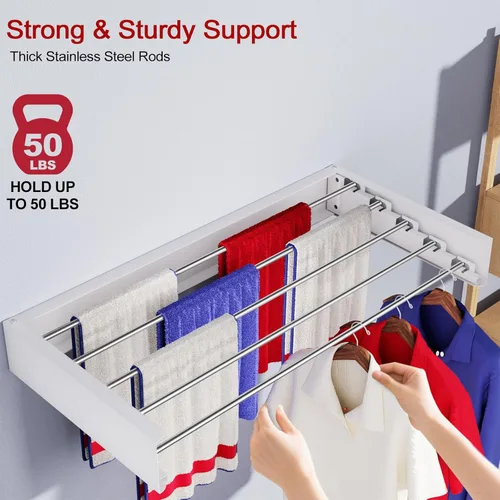 Miniatura 5 de Estante de secado montado en la pared de 31.5", estante de secado de ropa plegable con varillas de acero inoxidable, estante de secado retráctil
