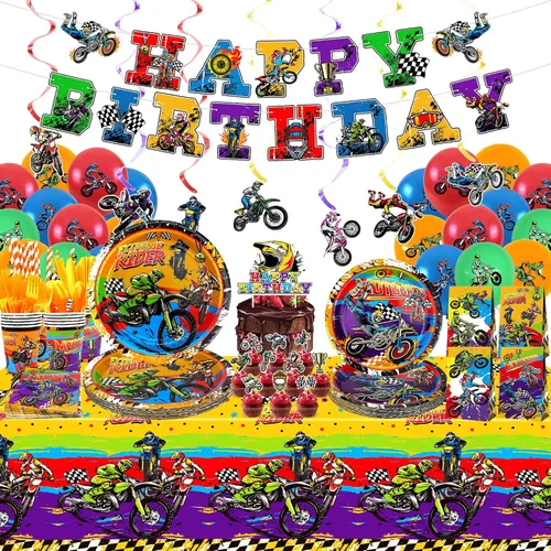 Miniatura 8 de Suministros de fiesta de motocross, incluye telón de fondo de feliz cumpleaños, plato, servilleta, vasos, adornos para pasteles, bolsas de regalo