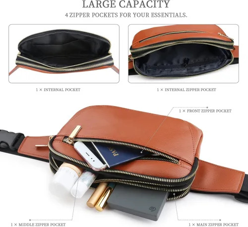 Miniatura 4 de Riñoneras de cuero para mujer, de moda, de talla grande, color negro, para hombres, lindas bolsas cruzadas, riñonera con gran capacidad, casual