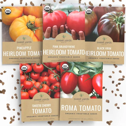 Paquete variado de semillas de tomate orgánico – 5 paquetes individuales – Temporada 2026 – Roma, Brandywine rosa, cereza Sweetie, Krim negro y