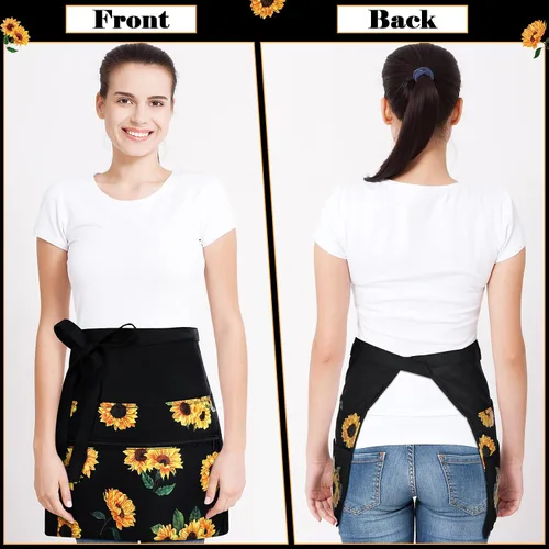Miniatura 4 de Jetec 2 Pcs Waist Apron with 6 Pockets and Leather Server Book for Waitress Patterned Server Half Apron with Zipper for Women