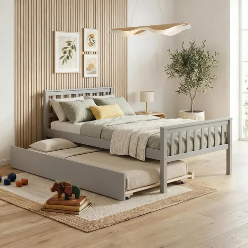 Miniatura 9 de VECELO Twin Size Platform Bed with Trundle, Solid Wood Twin Bed Frame with Slat Support, 400lbs+200lbs Weight Capacity, No Box Spring Needed