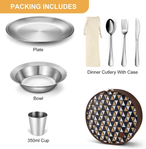 Miniatura 3 de Odoland Juego de utensilios de cocina de acero inoxidable para acampar para familia y persona, cubiertos de vajilla de cocina con platos, tazones