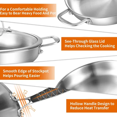 Miniatura 5 de DELARLO Sartén de acero inoxidable de tres capas con tapa de 12 pulgadas, compatible con todas las estufas de hasta 600 ℉, sartén de acero