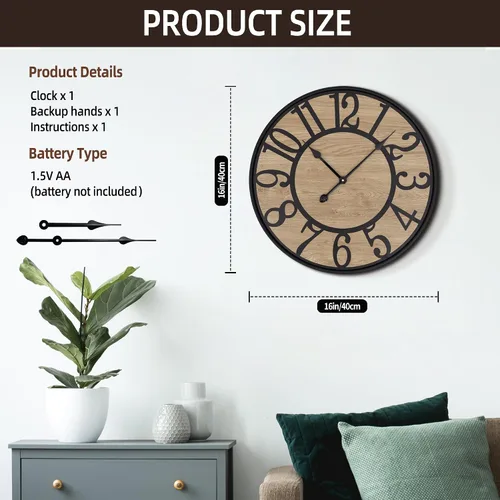 Miniatura 2 de Maxstar Reloj de pared para sala de estar, estilo rústico silencioso con número arábigo, funciona con pilas, relojes de pared decorativos para Negro