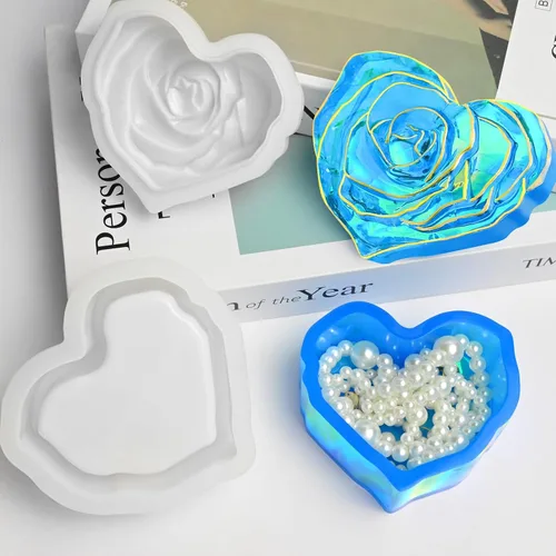 Miniatura 7 de Moldes de resina para frascos, moldes de tarro de corazón con tapa, molde de silicona de flor de rosa de amor para fundición de resina epoxi, caja