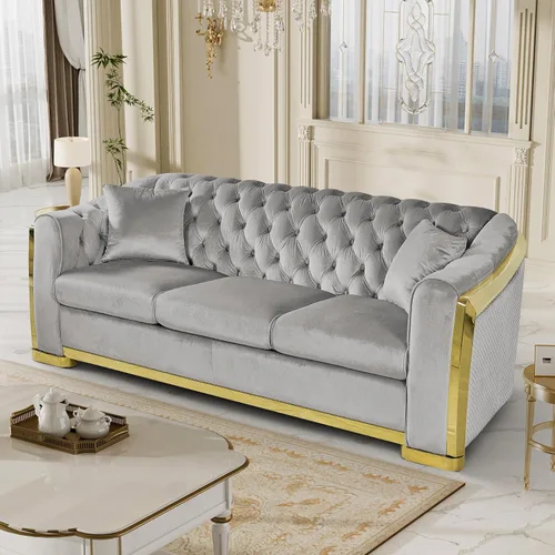 Miniatura 14 de DAMAIFROM Sofá Chesterfield moderno de mediados de siglo, sofá de terciopelo de 62"+84" pulgadas, sofá de terciopelo negro y dorado, sofá curvo