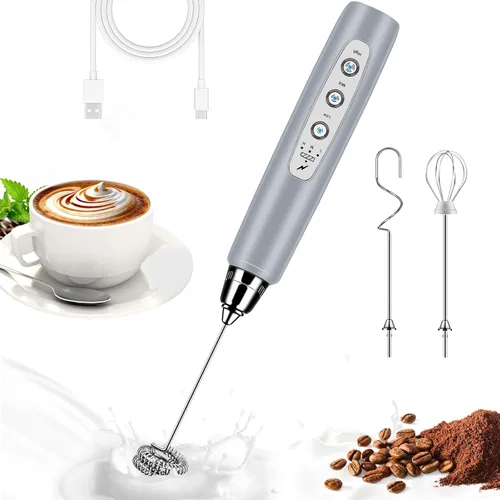 Miniatura 13 de BSRGMS Espumador de leche de mano para café, batidor eléctrico de 3 velocidades ajustables, mezclador de bebidas con 3 batidores de acero
