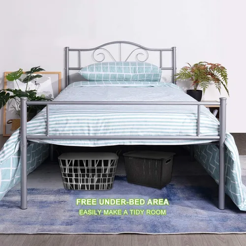 Miniatura 6 de Cabecero de cama de metal resistente para cama individual, estructura de acero, revestimiento de plata, estilo retro, sin necesidad de almacenamiento