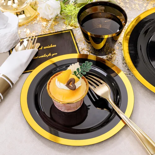 Miniatura 6 de YOUBET - 350 piezas de platos de plástico negro y dorado - Juegos de vajilla desechable dorada para 50 invitados - 100 platos de plástico, 150