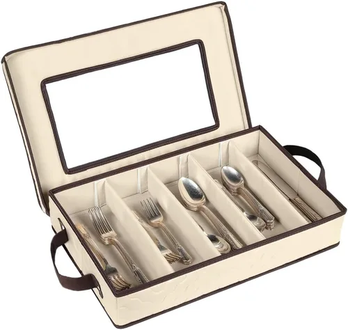 Caja de almacenamiento para cubiertos - Resistente contenedor de almacenamiento para cubiertos de 5 compartimentos con tapa extraíble y asas fáciles