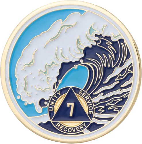 Miniatura 30 de Moneda AA de 1 año – Medallón de recuperación de ondas estrelladas de Sobriety Mint – azul/blanco/dorado
