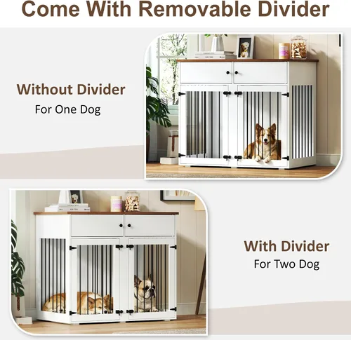 Miniatura 3 de Mueble de jaula para perros grande, perrera de interior de 41 pulgadas con divisor removible y puertas dobles, jaulas de madera para perros para 2