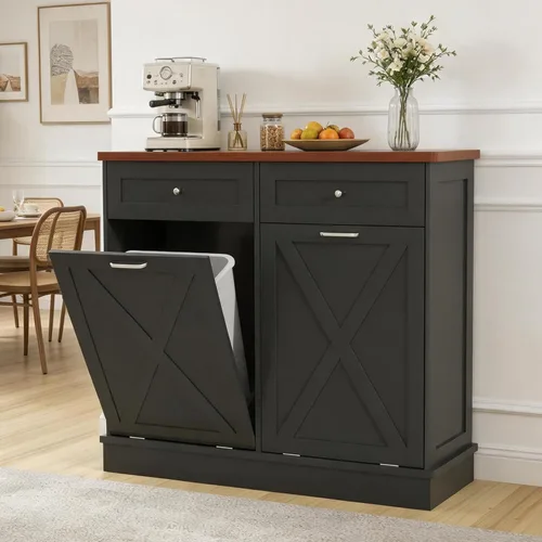 Miniatura 10 de Betterhood - Gabinete de basura basculante de 10 galones, de madera, independiente, clasificador de ropa, con cajón oculto, gabinete de basura Negro
