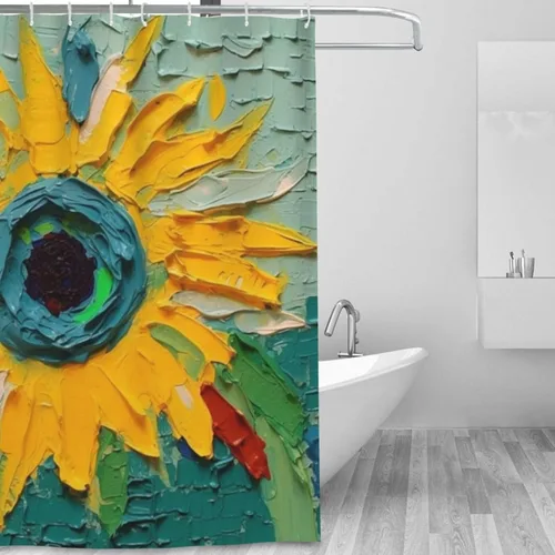Miniatura 2 de YLATY2405 - Cortina de ducha de girasol para baño, pintura al óleo, hojas verdes, flores, bohemio, tela amarilla abstracta, moderna, impermeable