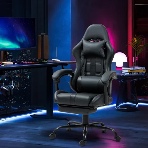 Miniatura 2 de Silla de masaje para juegos con reposapiés, silla ergonómica de PC con respaldo alto con reposacabezas y lumbar, silla giratoria de PU para Negro