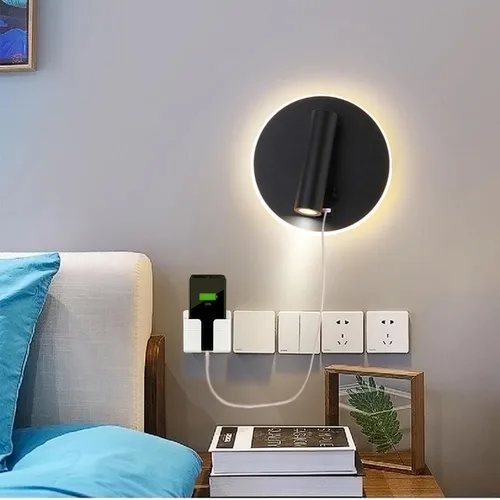 Miniatura 3 de Puerto de carga USB, luz de lavado de pared, luz LED negra con pared interior, foco ajustable, lámpara de lectura, lámpara de pared para dormitorio