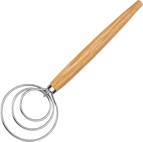 Miniatura 11 de Maxjoy Batidor de masa danesa para hornear pan de masa madre, gancho de acero inoxidable con mango de madera Batidor de masa de 2 ojos
