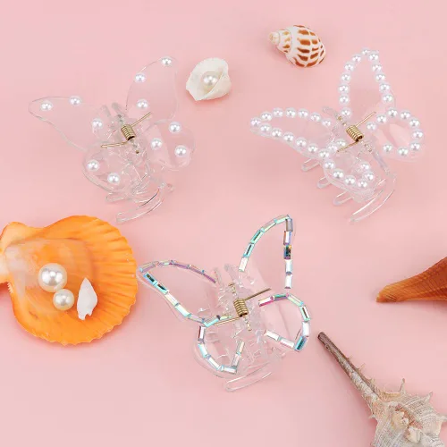 Miniatura 6 de Canitor Pinzas de mariposa para mujer, 3 piezas: pinzas para el cabello de mariposa para mujer, transparentes, perlas, cabello grueso y fino