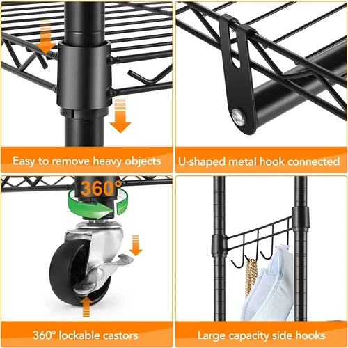 Miniatura 8 de Himimi Perchero resistente de 3 niveles con ruedas, estante de alambre ajustable con barra para colgar, 4 ganchos laterales, estante de Gris